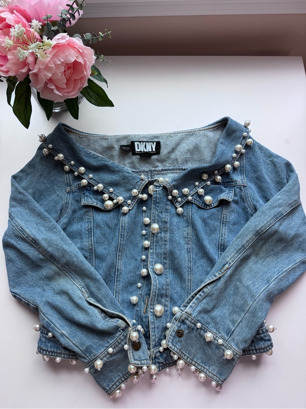 Vintage DKNY Light Blue Pearl-Trim Cropped Denim Jacket